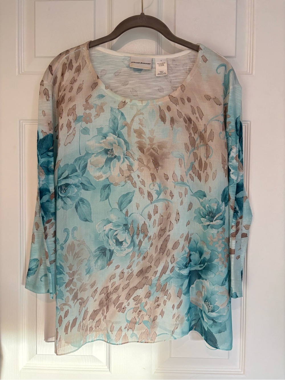 Alfred Dunner Large 3/4 Sleeve Top with Floral Design and Rhinestones